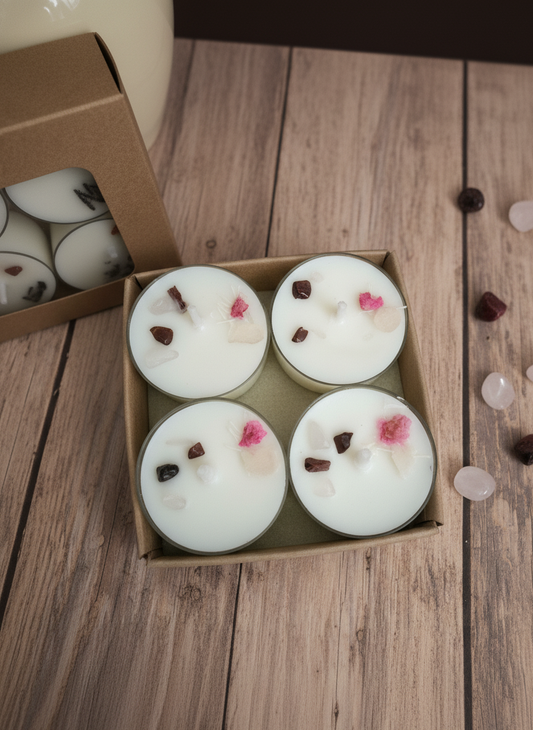 Vela de té Anthara soja 100% ECO pack de 8 (granate y cuarzo rosa + floral)
