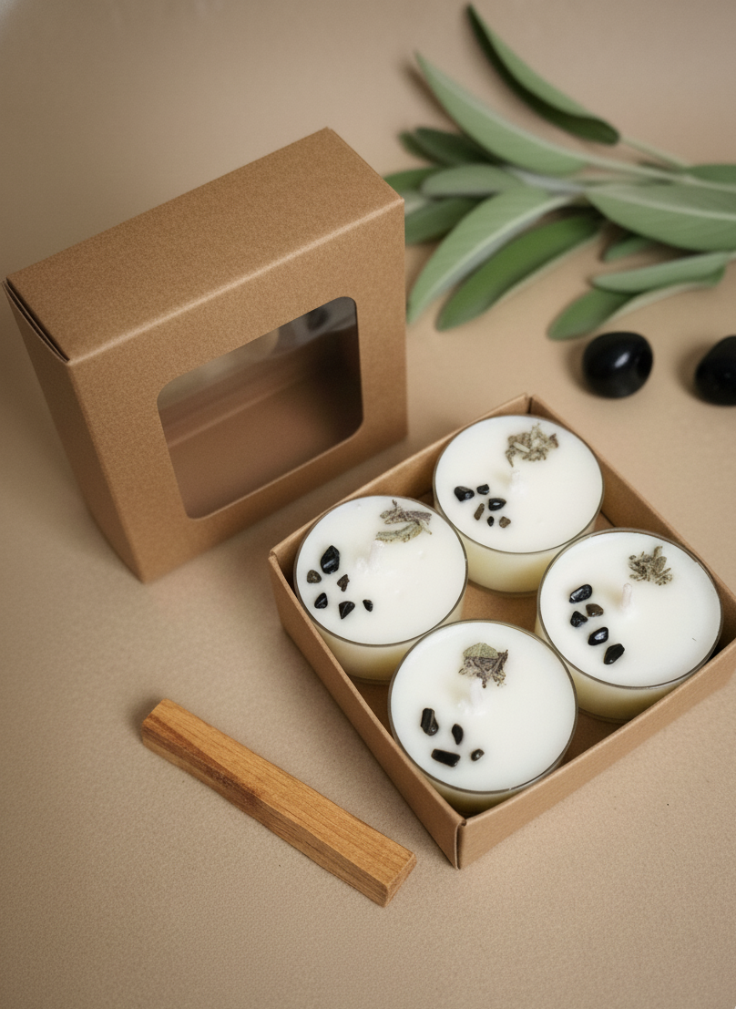 Vela Raíz soja 100% ECO pack de 8 (obsidiana + palo santo)