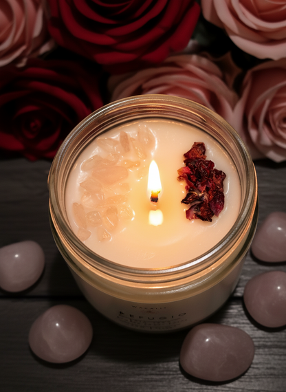 Vela de soja artesanal Refugio con cuarzo rosa y pétalos de rosa seca. Ritual de bienestar.