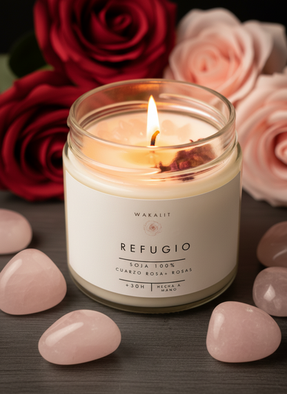 Vela Refugio Soja 100% ECO (Cuarzo rosa + Rosas)