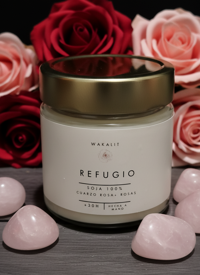 Vela Refugio Soja 100% ECO (Cuarzo rosa + Rosas)