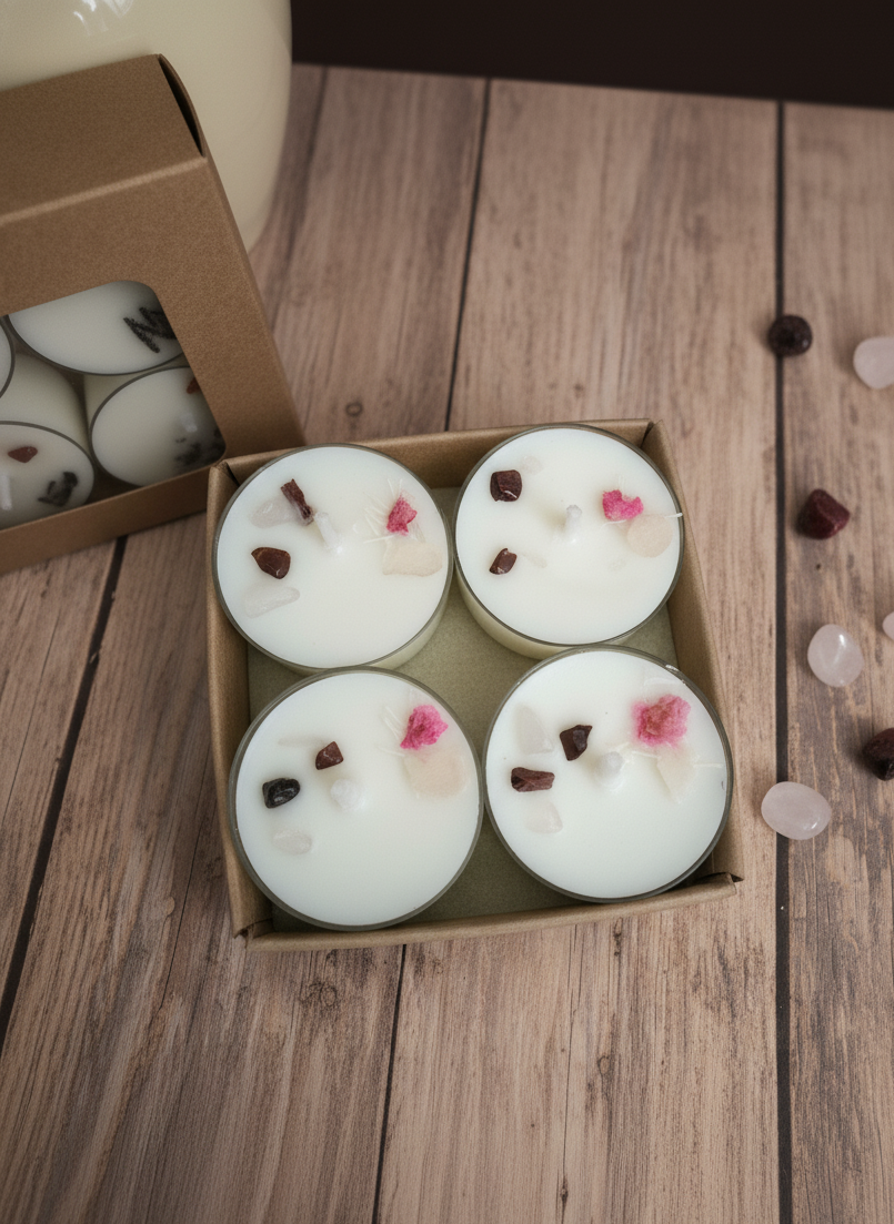 Vela de té Anthara soja 100% ECO pack de 8 (granate y cuarzo rosa + floral)