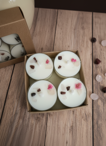 Vela de té Anthara soja 100% ECO pack de 8 (granate y cuarzo rosa + floral)