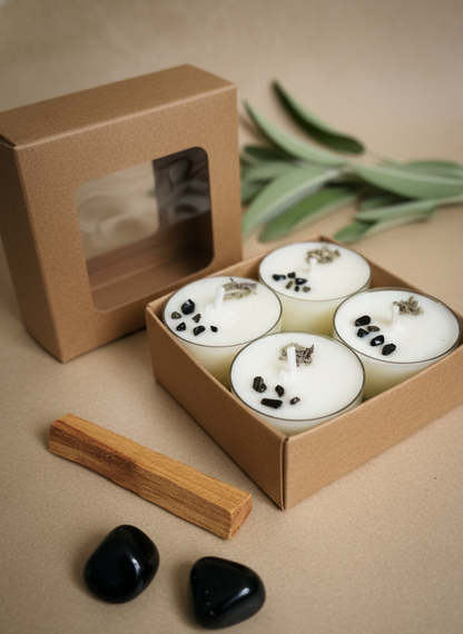 Vela Raíz soja 100% ECO pack de 8 (obsidiana + palo santo)