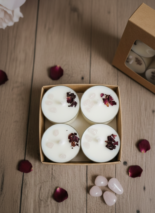 Vela de té Refugio soja 100% eco pack de 8 (cuarzo rosa + rosas)