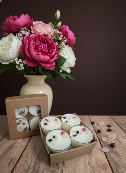 Vela de té Anthara soja 100% ECO pack de 8 (granate y cuarzo rosa + floral)