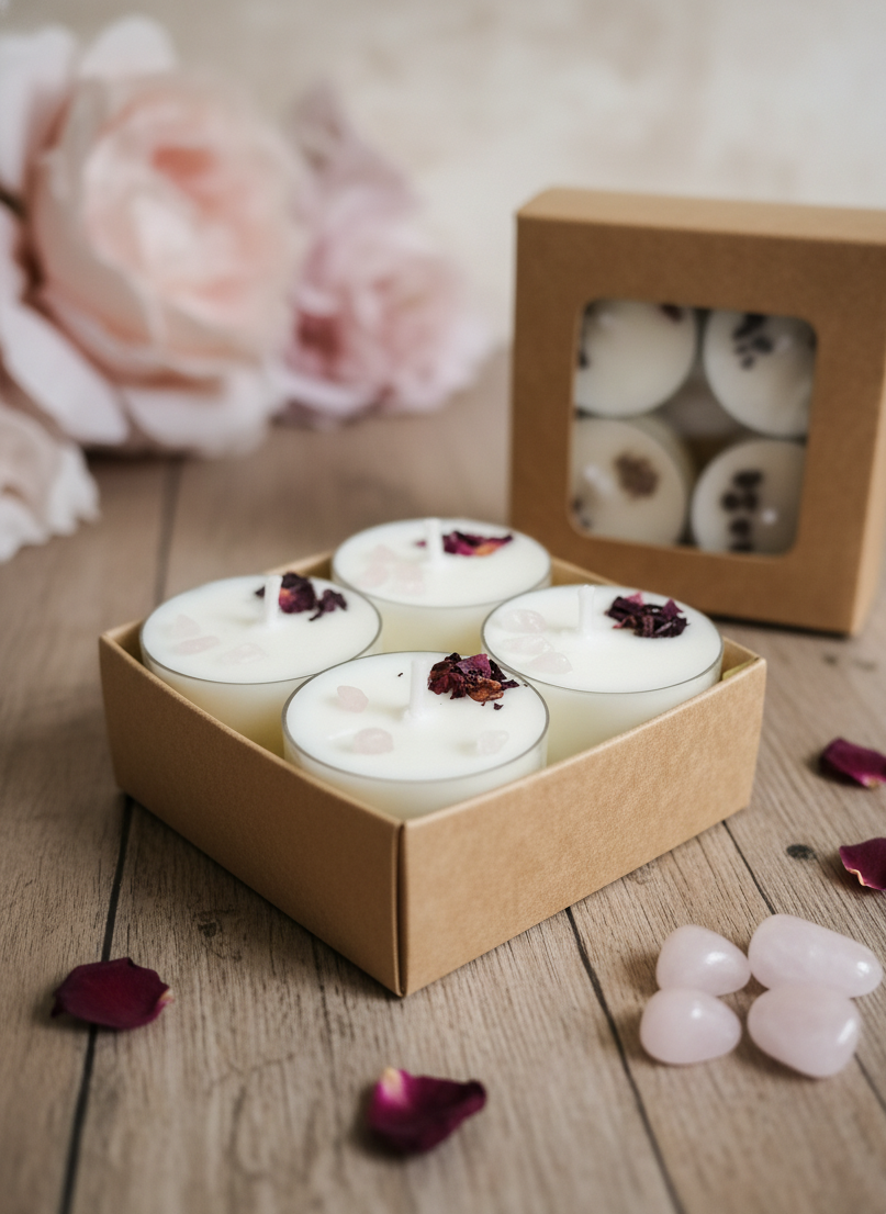 Vela de té Refugio soja 100% eco pack de 8 (cuarzo rosa + rosas)