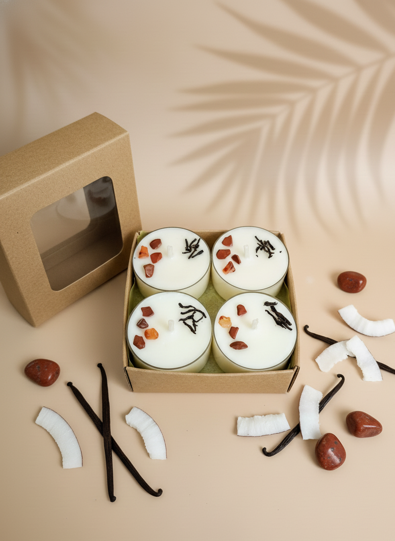 Vela de té Solandra soja 100% ECO pack de 8 (jaspe rojo + vainilla extra y coco)