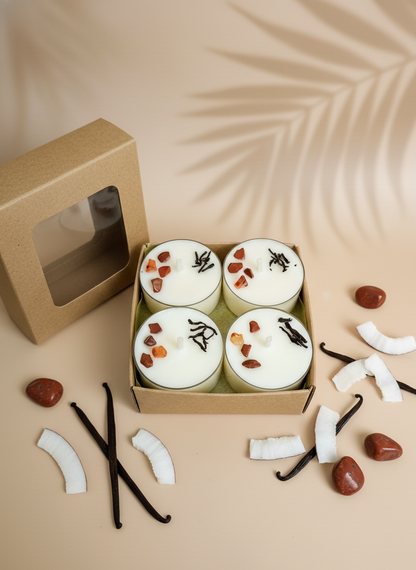 Vela de té Solandra soja 100% ECO pack de 8 (jaspe rojo + vainilla extra y coco)